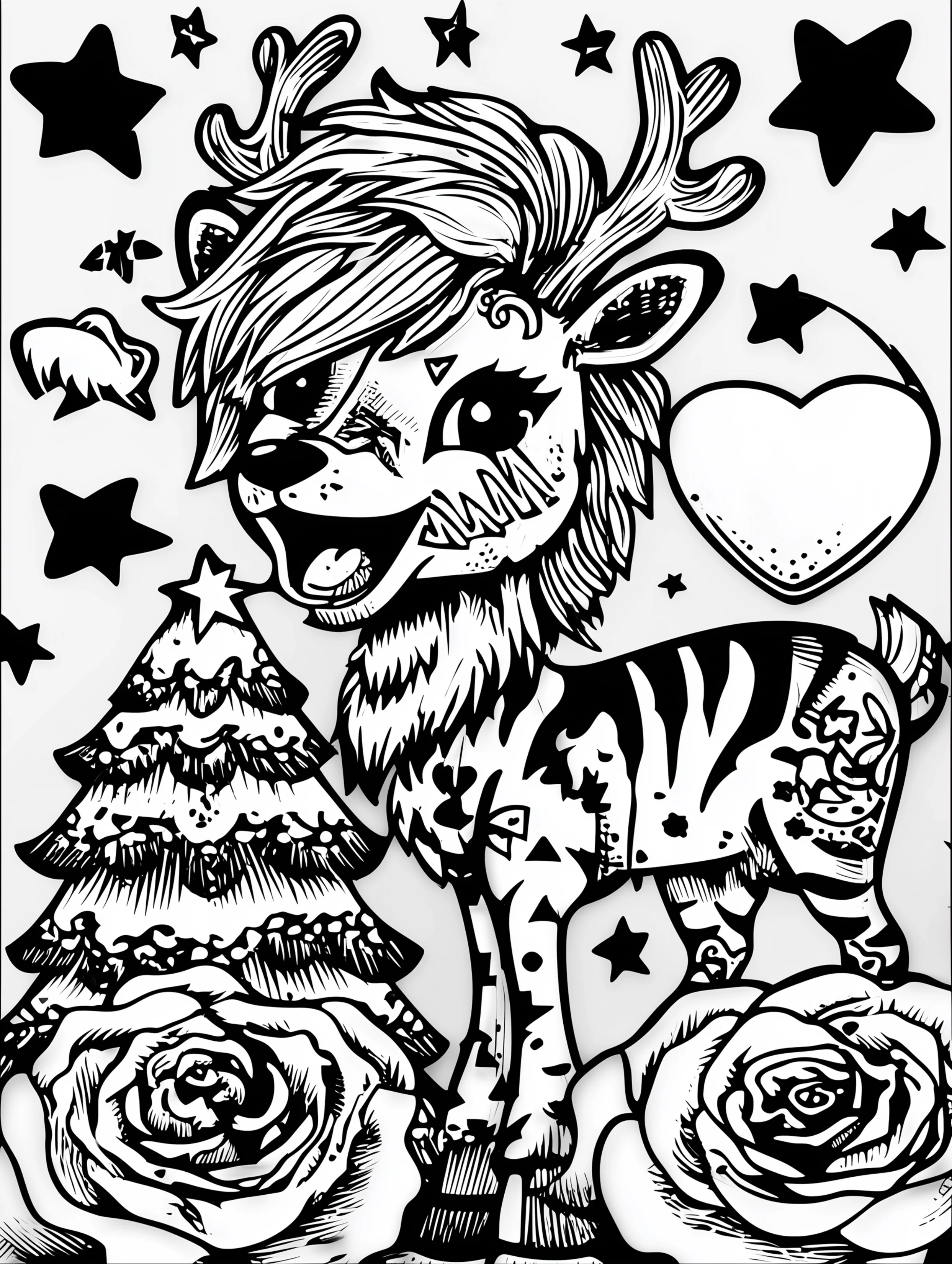 Free printable reindeer coloring page for adults featuring a reindeer near a christmas tree